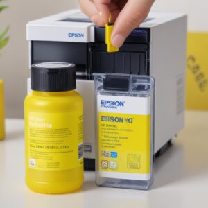 Close-up gambar botol Tinta Printer Epson L3210 Yellow original dengan hologram dan kemasan rapi, diletakkan di samping printer Epson L3210.