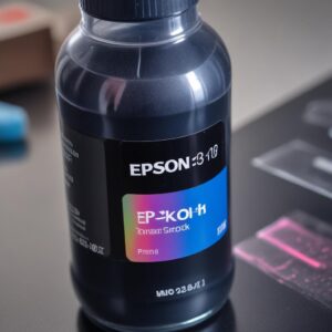 Close-up gambar botol tinta Epson 003 original dengan hologram jelas, diletakkan di samping printer Epson L3210. Fokus pada kemasan tinta dan fitur keamanan.