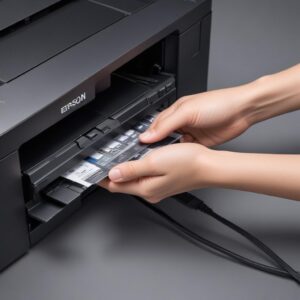 Close-up gambar tangan sedang memegang kabel USB yang akan dihubungkan ke printer Epson L3210, dengan laptop di latar belakang menampilkan jendela program resetter.