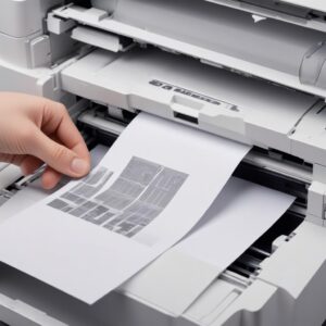 Close-up illustration of a hand carefully pulling out a jammed paper from inside an Epson L3210 printer, showing the paper path and internal mechanisms.