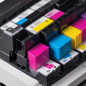Close-up image of Epson L3210 printer's ink tanks, clearly showing ink levels for each color (Cyan, Magenta, Yellow, Black).