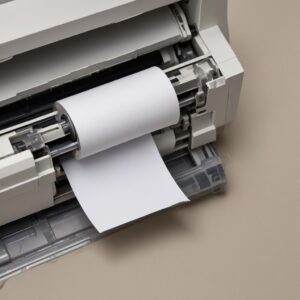 Close-up image of a dirty paper roller inside an Epson printer, with dust and paper residue visible. A small object like a paper clip is subtly shown near the roller.