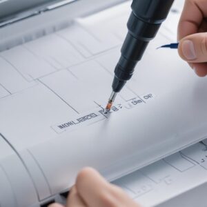 Close-up image of a person checking a printed nozzle check pattern from an Epson L3210 printer, showing some broken lines. The background shows the printer control panel.
