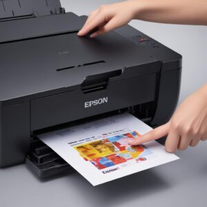 Close-up image of the Epson L3210 Inkjet All In One printer, highlighting its sleek design and the visible ink tanks on the side, with a print coming out.