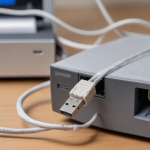 Close-up of a damaged, frayed USB printer cable with a blurry Epson L3210 printer in the background, illustrating common cable problems.