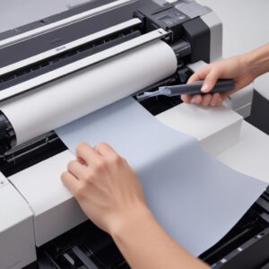 Close-up of a hand carefully cleaning the paper feed rollers inside an Epson L3210 printer with a microfibre cloth, showing the rollers and the paper path.
