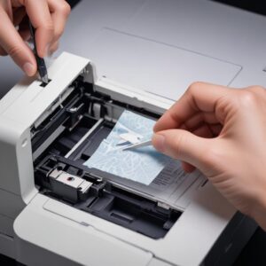 Close-up of a hand carefully removing a small piece of torn paper from the inside of an open Epson L3210 printer with a pair of tweezers, illuminated by a flashlight.