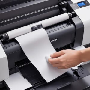 Close-up of a hand cleaning the paper pickup rollers inside an Epson L3210 printer with a microfiber cloth, highlighting the rollers.