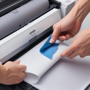 Close-up of a hand cleaning the rubber pickup roller inside an Epson L3210 printer with a microfiber cloth, highlighting dust and paper residue.