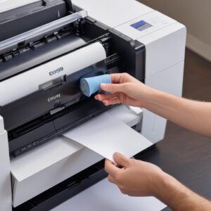 Close-up of a hand gently cleaning the rubber rollers inside an Epson L3210 printer with a microfiber cloth and a bottle of isopropyl alcohol nearby. The printer's top cover is open, revealing the paper feed mechanism.