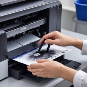 Close-up of a hand initiating a head cleaning cycle on a computer screen for an Epson L3210 printer, showing ink tanks in the background.
