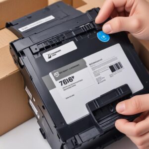 Close-up of a new black toner cartridge for a laserjet printer, showing its packaging and compatibility details, with a user's hand holding it.