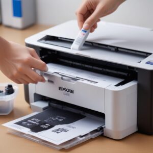 Close-up of a person carefully filling the ink tanks of an Epson L3210 printer, ensuring no spills. The focus is on the ink bottles and the printer's tank system.