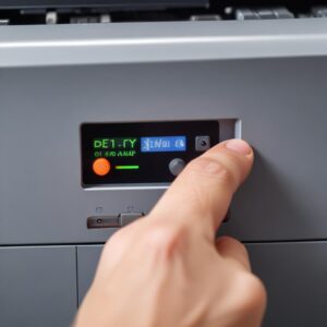 Close-up of a printer's control panel with a finger pressing a button, symbolizing the start of maintenance or cleaning. The screen shows an option for
