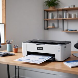 Close-up of an Epson EcoTank L3210 printer, highlighting its sleek design and integrated ink tanks, with the year 2021 subtly visible in the background or as a graphic element. The printer is clean and appears in a modern home office setting.