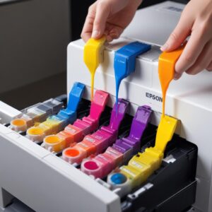 Close-up of an Epson EcoTank L8050 printer's ink tanks being refilled with vibrant colored inks, emphasizing its 6-color system for high-quality photo printing. A hand is carefully pouring ink into one of the tanks.