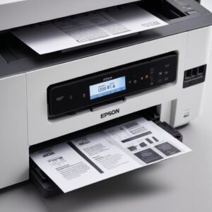 Close-up of an Epson EcoTank M3170 printer, showing its ink tank and control panel, with a stack of crisp, black-and-white documents next to it, illustrating sharp, pigment-ink prints.