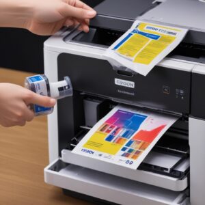 Close-up of an Epson EcoTank printer's refillable ink tank being filled with vibrant sublimation ink from a bottle. The printer is compact and modern.