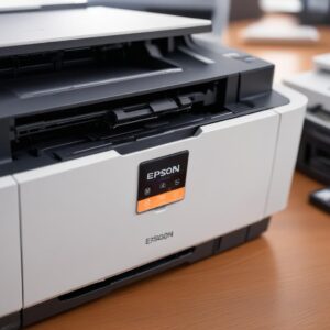 Close-up of an Epson L3210 printer with its power and ink lights blinking, showing a slight orange glow, indicating an error. The background is a blurred office desk.