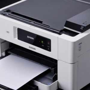 Close-up of an Epson L3210 printer with flashing error lights, symbolizing a problem that needs reset.