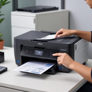 Close-up of an Epson L3210 printer with ink tanks visible, a hand pointing to the ink level, set in a modern office or home study environment in Bangladesh. The image should convey efficiency and ease of use.