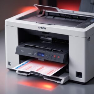 Close-up of an Epson L3210 printer with a prominent red light blinking on its control panel. The background is slightly blurred office setting.