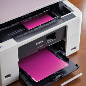 Close-up of an Epson L3210 printer with its ink tank cover open, showing the magenta ink tank with a low ink level. The printer is on a clean desk.