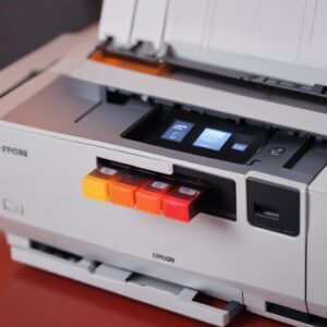 Close-up of an Epson L3210 printer's control panel, specifically highlighting the ink indicator light (red or orange) that is lit up. The background is a slightly blurred office desk.