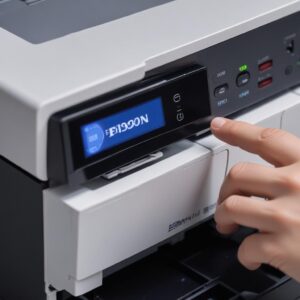 Close-up of an Epson L3210 printer's control panel with a glowing power button, showing a hand about to press it, illustrating printer maintenance.