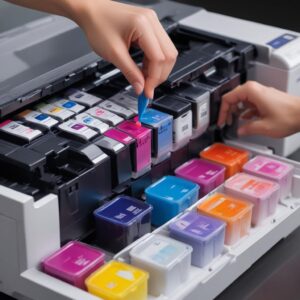 Close-up of an Epson L3210 printer's ink tanks being refilled with different color inks, showing the hands carefully pouring the ink.