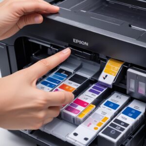 Close-up of an Epson L3210 printer's ink tanks, showing the ink levels and tubes, with a hand pointing to a low ink level in one of the colors.