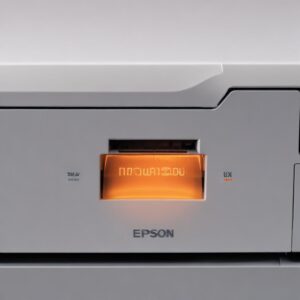 Close-up of an Epson printer with its orange error light illuminated, depicting frustration but also a sense of hope for a solution.