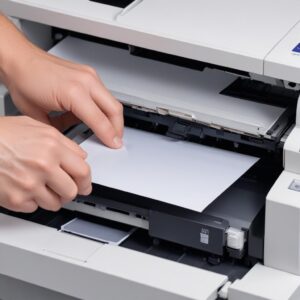 Close-up of hands carefully removing a piece of jammed paper from the interior of an Epson L3210 printer.