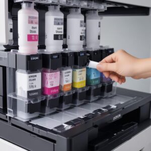 Close-up of the ink tank system on an Epson L3210 printer, showing clear visibility of ink levels and the design of the bottles being inserted into the correct slots, emphasizing ease of refilling and cost-effectiveness.