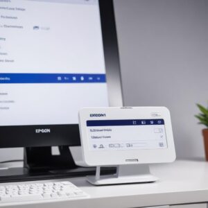 Close-up shot of a computer screen showing the Epson driver download page, with a mouse cursor hovering over the download button. The Epson L3210 printer is subtly blurred in the background.