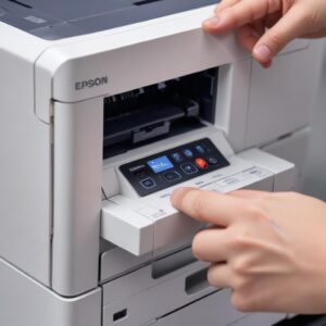 Close-up shot of an Epson L3210 printer's control panel, with a hand pressing the maintenance button, emphasizing troubleshooting.