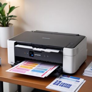Close-up shot of the Epson L3210 printer, showing its sleek, compact design and the transparent ink tanks filled with colorful ink, with a stack of printed documents next to it.
