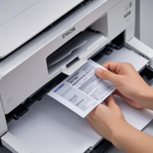 Close-up tangan memegang dan menarik kertas yang jelas-jelas macet dari bagian dalam printer Epson L3210, dengan latar belakang komponen internal printer.