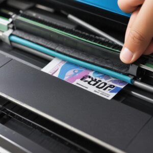 Close-up tangan sedang membersihkan debu dari bagian luar printer menggunakan kain mikrofiber. Latar belakang menunjukkan lingkungan kantor yang rapi dengan cahaya alami.