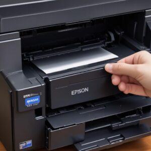 Close-up tangan sedang mengisi tinta ke tangki Printer Epson L3210, dengan lampu indikator tinta yang berkedip samar di latar belakang. Fokus pada proses pengisian tinta yang bersih dan rapi.