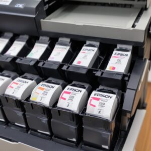 Close-up tangan sedang menuangkan tinta hitam ke tangki tinta printer Epson L3210. Tangan memakai sarung tangan karet tipis. Botol tinta Epson 003 terlihat jelas.