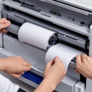 Close-up tangan seseorang sedang membersihkan roller penarik kertas pada printer Epson L3210 menggunakan kain lembab. Roller berwarna abu-abu terlihat jelas.