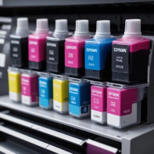 Close-up view of Epson 003 ink bottles (Black, Cyan, Magenta, Yellow) arranged neatly, with an Epson L3210 printer in the background, subtly blurred. The focus is on the clear labels and distinct colors of the ink.