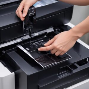 Close-up view of a hand carefully pouring black ink from an original Epson ink bottle into the black ink tank of an Epson L3210 printer, showing the