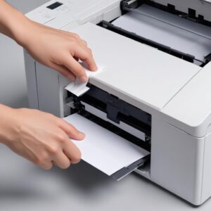 Close-up view of a hand carefully pulling a jammed piece of paper from inside an Epson L3210 printer, with the printer's top cover open. The hand is gentle, illustrating the