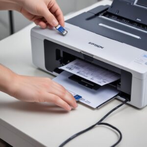 Close-up view of a hand checking a loose USB cable connection between a computer and an Epson L3210 printer, with the printer's power light off. The scene is bright and highlights the connection points.