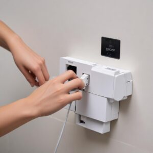 Close-up view of an Epson L3210 printer with a power cord being plugged into a wall socket, with a focus on the hand inserting the plug. The printer should be off.