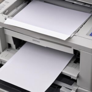 Close-up view of an Epson L3210 printer's paper tray, with a stack of neatly aligned white paper and the paper guides visible. The printer's indicator lights are slightly out of focus in the background, one showing a paper error symbol.