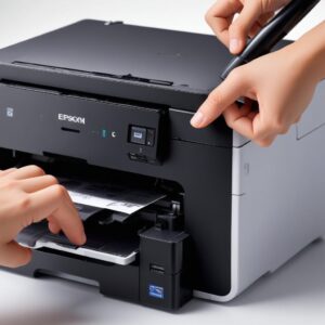 Close-up view of an Epson L3210 printer's ink tank showing low black ink level, with a hand pointing to it, symbolizing checking ink.