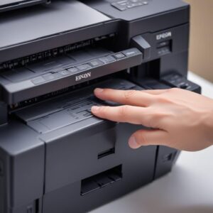 Close-up view of an Epson L3210 printer's control panel, showing a finger pressing the maintenance button, with a blurred background of a user struggling with a streaky printout.